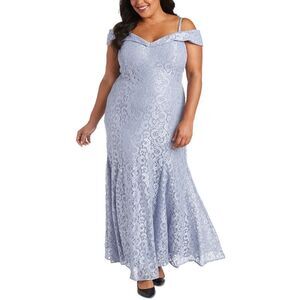 R&M Richards Light Blue Lace Off-Shoulder Dress